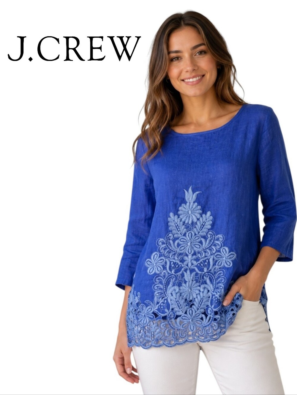 J Crew Embroidery Three Quarter Sleeve Linen Shirt Size:XS